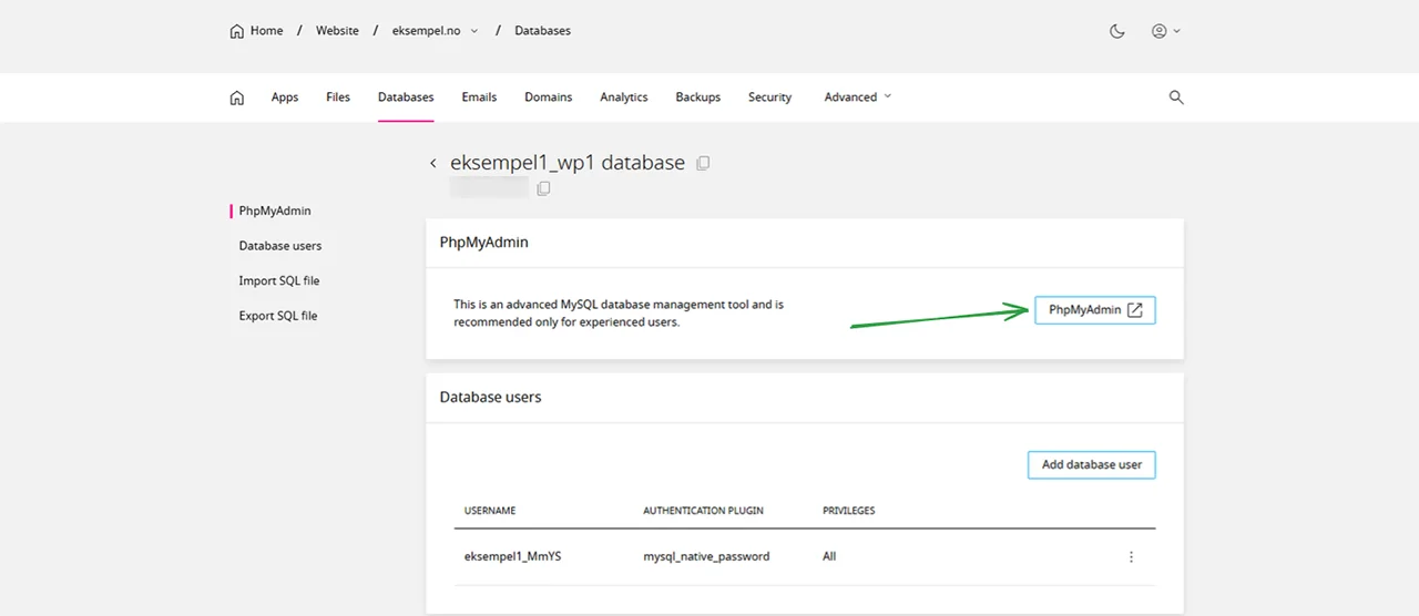 Åpne database i phpMyAdmin